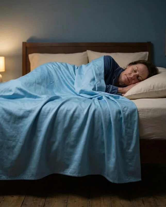A person resting beneath the Sky Blue Abri blanket in a softly lit bedroom.