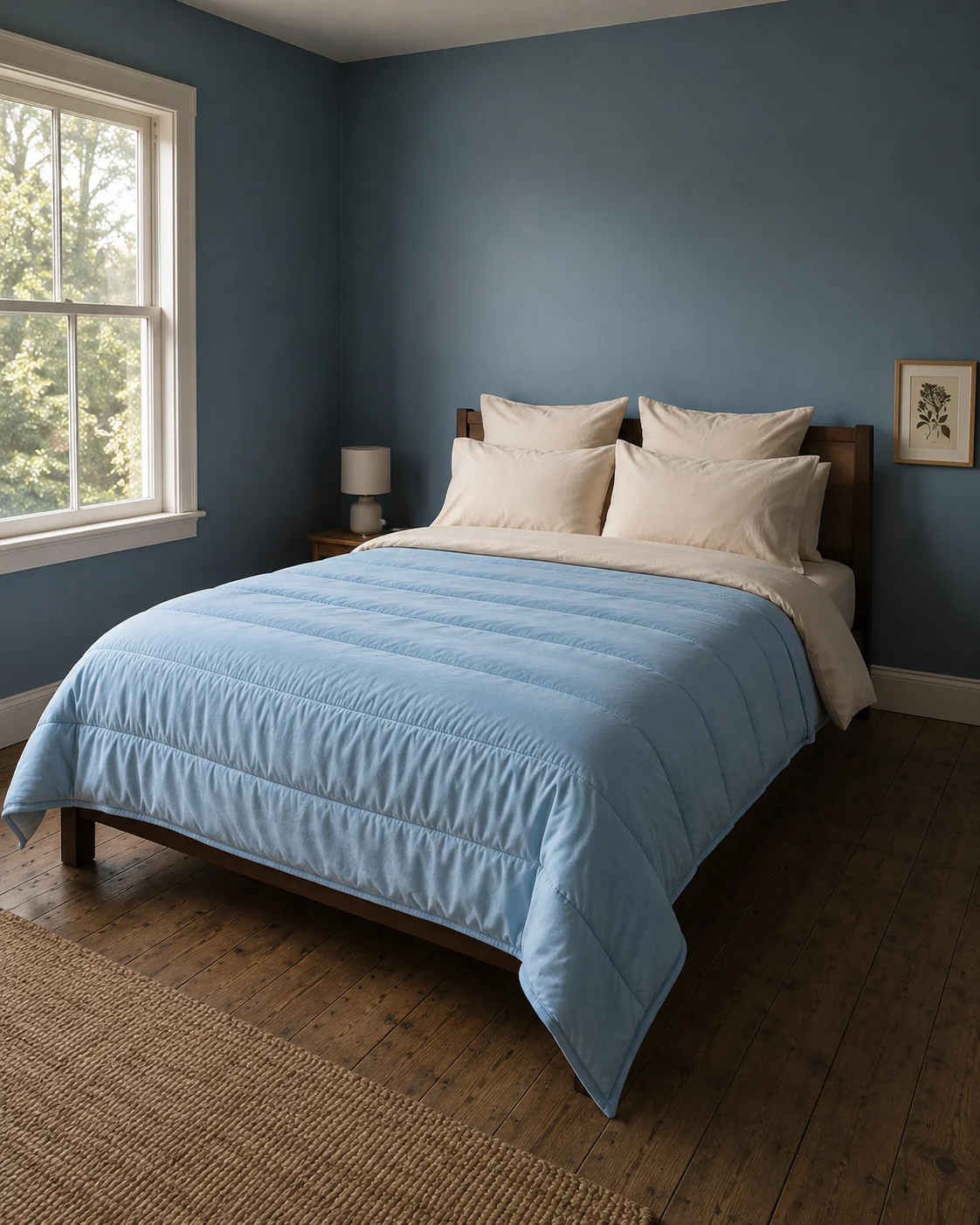The bed seen at an angle from a corner of the room so its length and width both read.