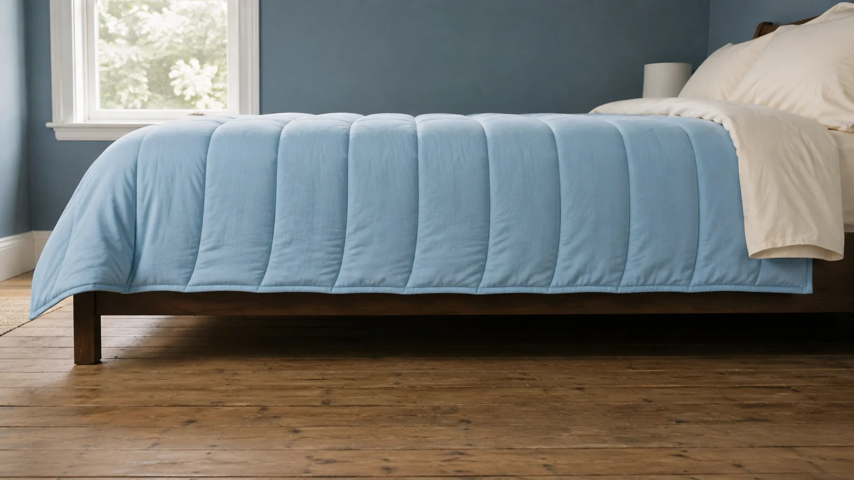The side of the bed at mattress height, showing how far the blanket hangs down.