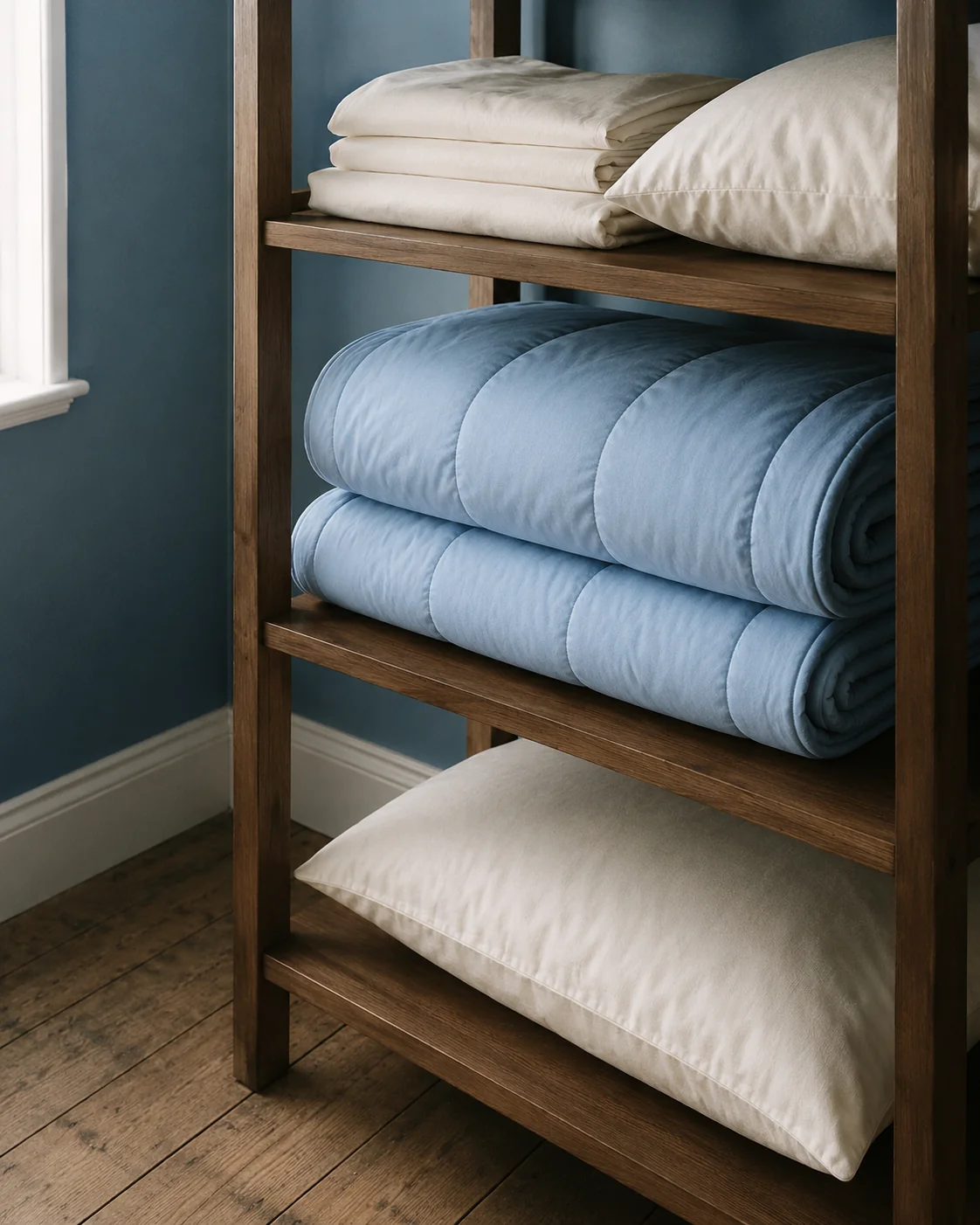 The blanket folded among other bedding on an open shelf.