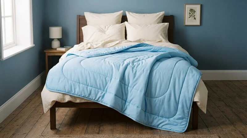 A bed half made, the sheets turned back and the blanket pulled aside.