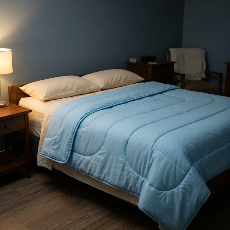The bedroom at night with the lamp lit and the bed turned down.