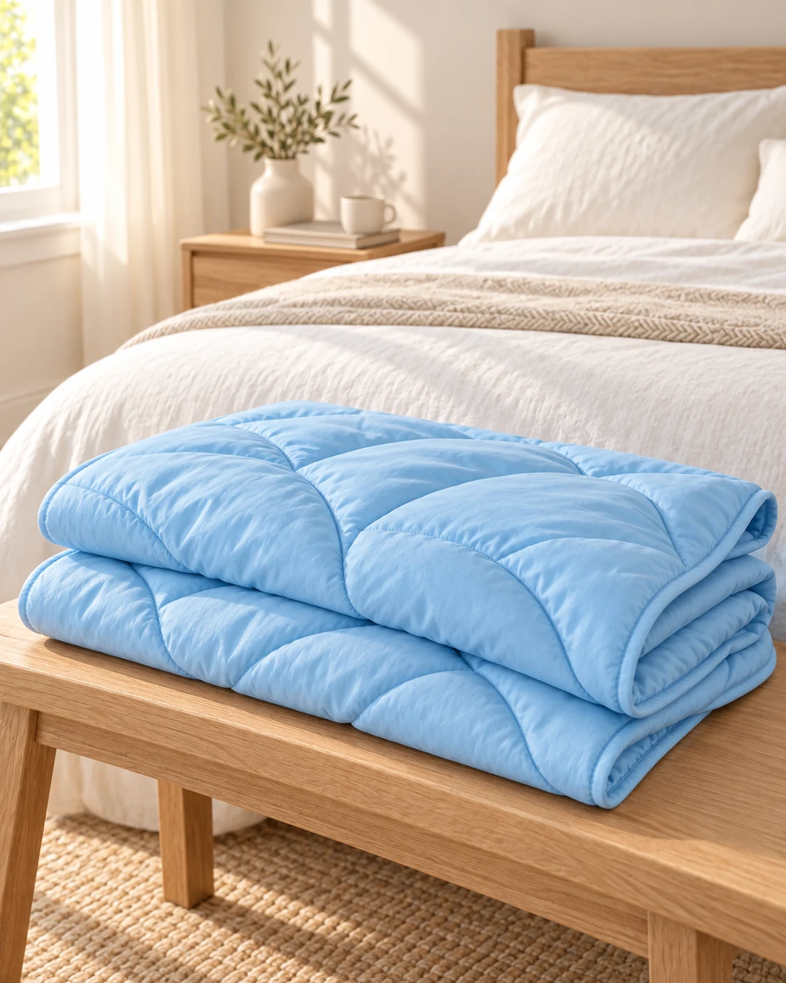 The Sky Blue blanket folded on an oak bench at the foot of the bed.