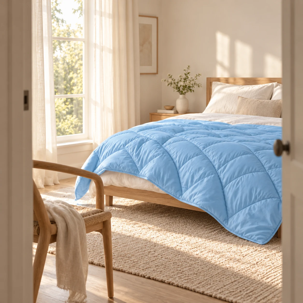A quiet sunlit bedroom viewed through its doorway.