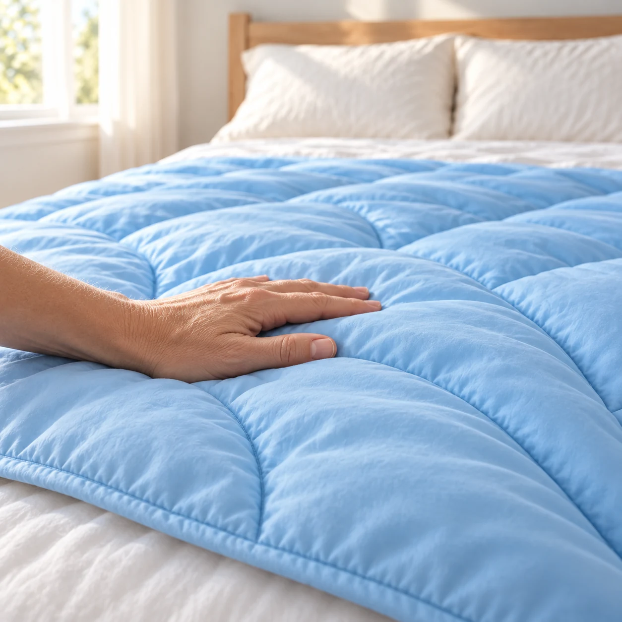 A hand resting on the softly quilted Sky Blue blanket.