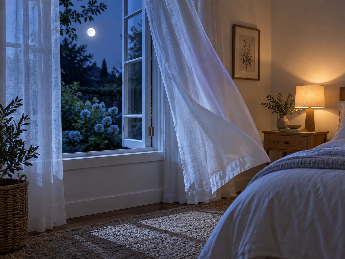 A sheer curtain moving beside an open bedroom window at blue hour.