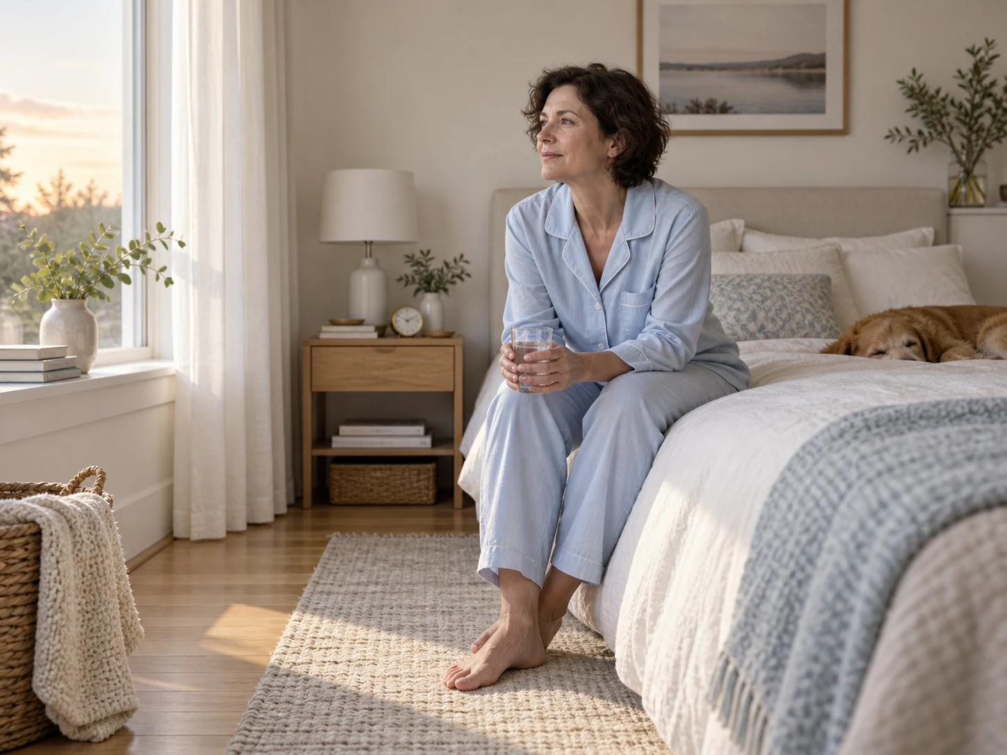 An adult sitting quietly beside the bed with a water glass at dawn.