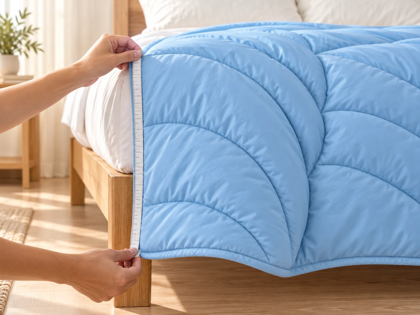 Hands measuring the blanket drape at the side of a bed.