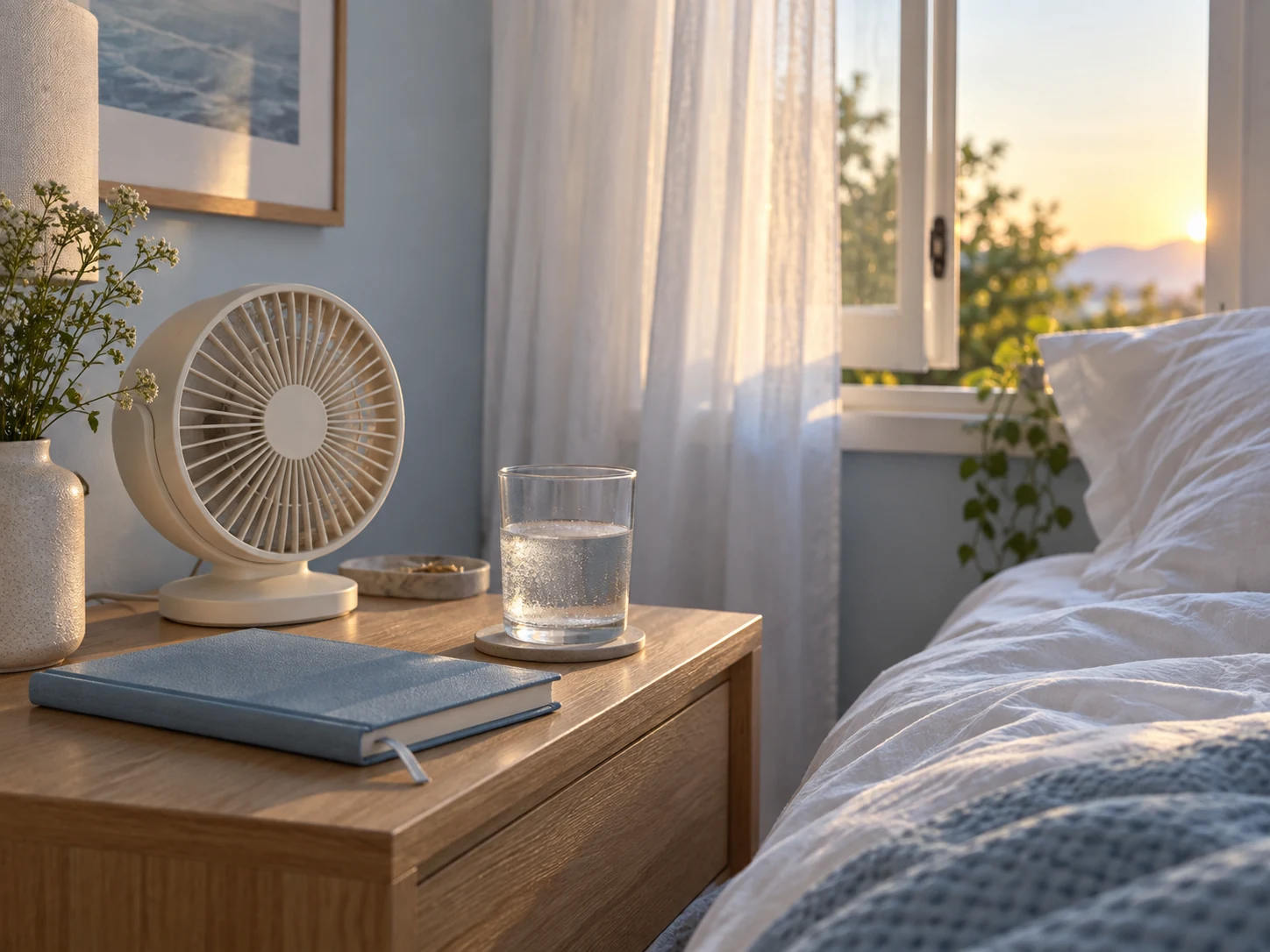 A bedside fan, water glass and notebook beside an open window.
