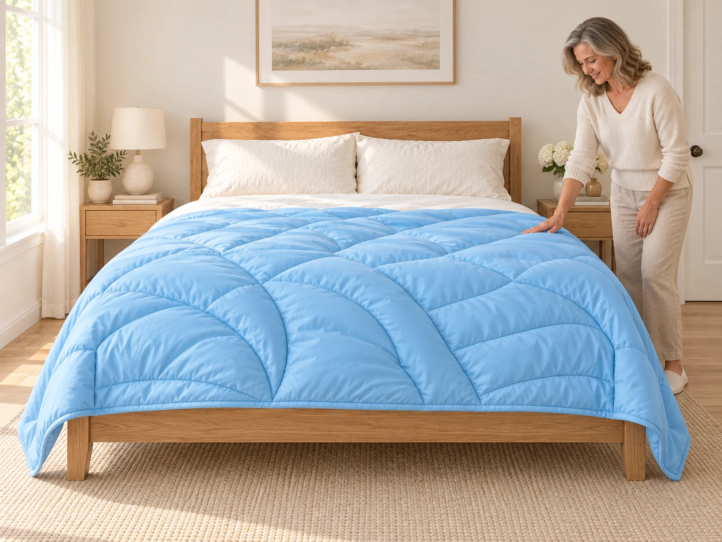 An adult smoothing the Sky Blue blanket on a bed.